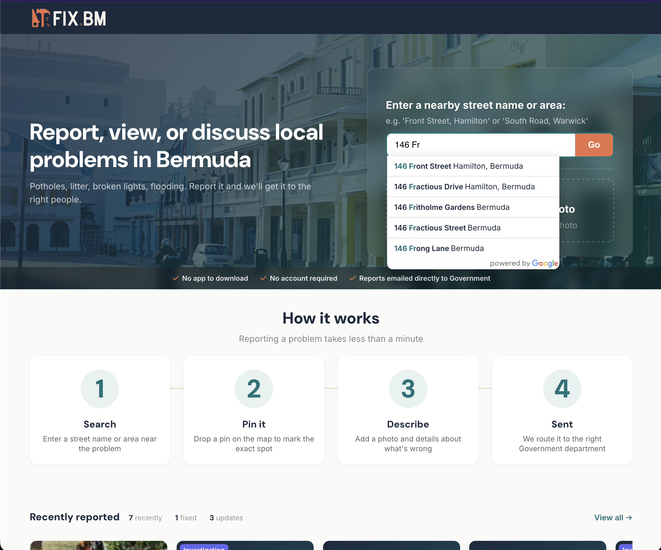 Fix.bm homepage showing search bar with '146 Fr' typed and autocomplete suggestions for Bermuda addresses