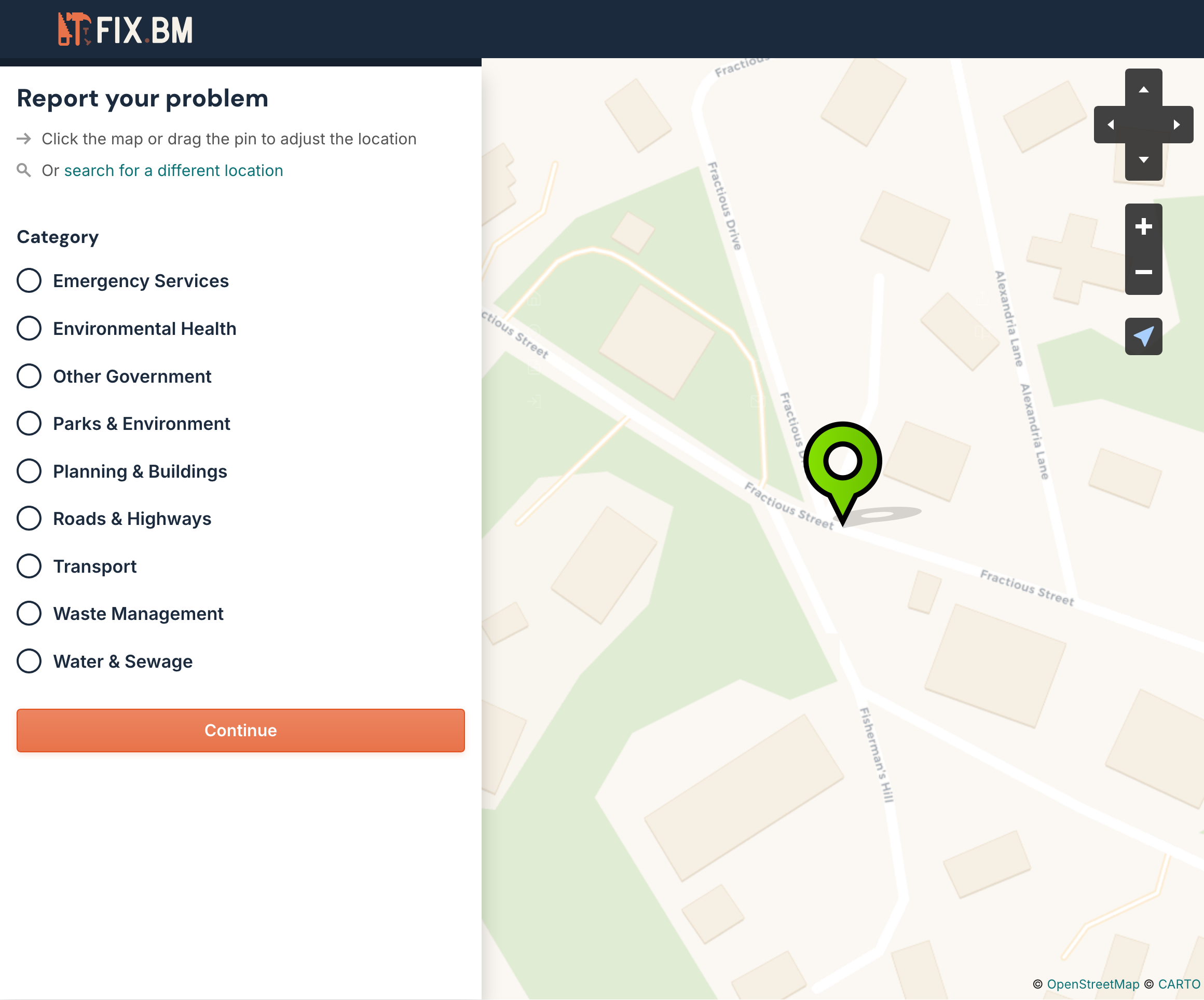 Map view with a green pin dropped on Fractious Drive, showing the report form on the left