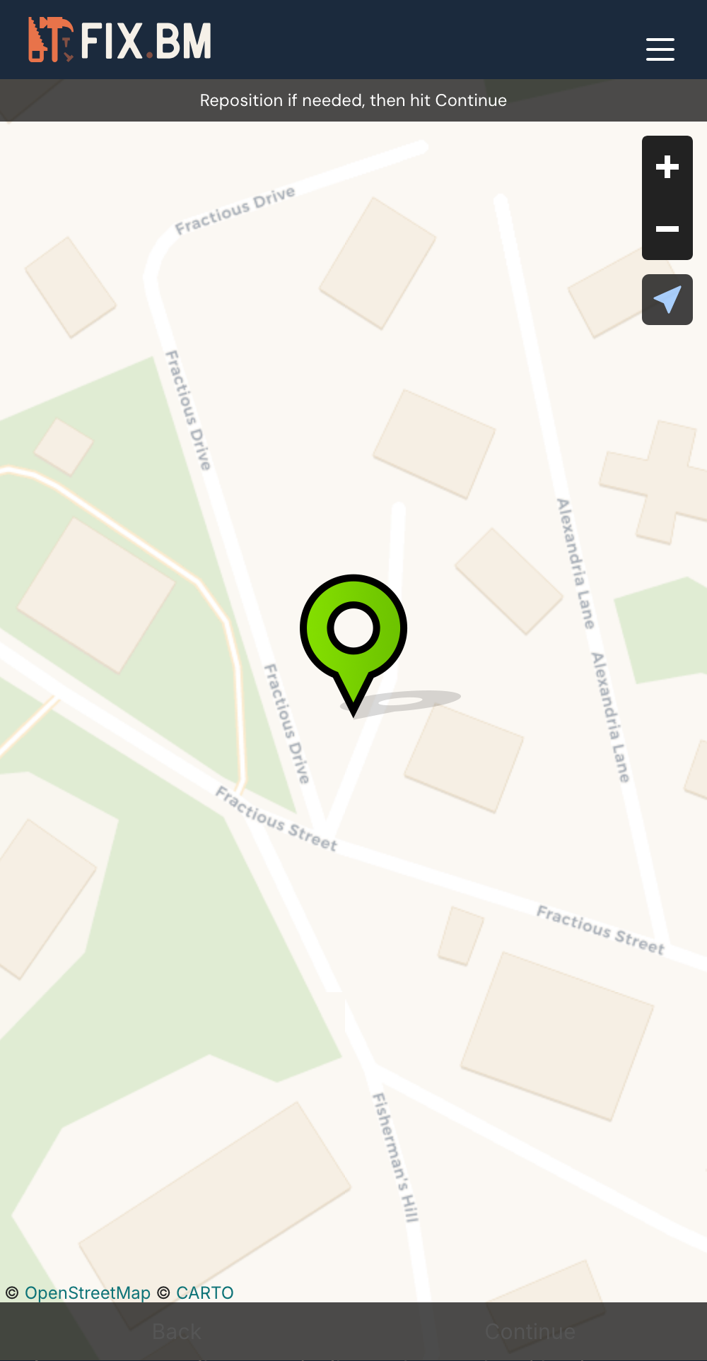 Mobile map view with a green pin dropped on Fractious Drive