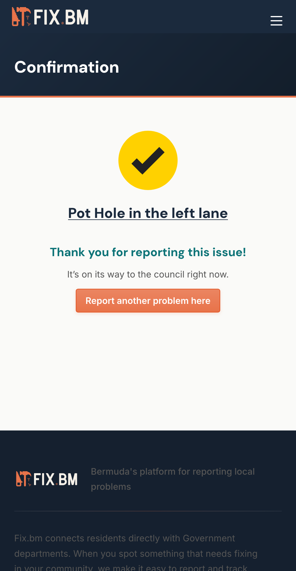 Mobile confirmation page showing success message